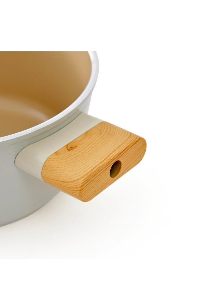 Homemaker Swiss Crystal High Quality Ceramic Coating Non-Stick Casserole - 20cm- Glass Lid With Protective Silicon Edge - Natural Wood Handles and Knob - Beige  - Image 3