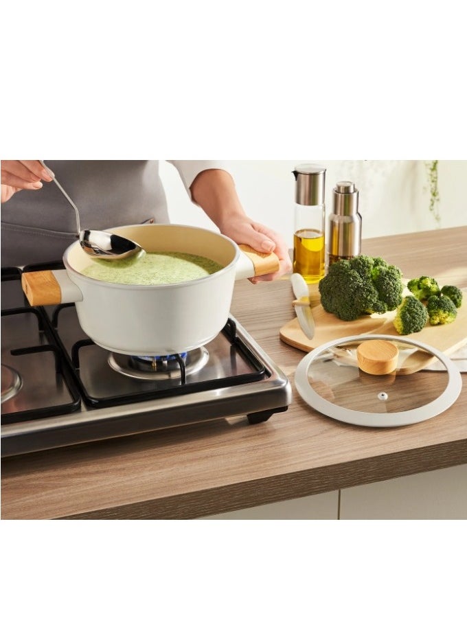 Homemaker Swiss Crystal High Quality Ceramic Coating Non-Stick Casserole - 20cm- Glass Lid With Protective Silicon Edge - Natural Wood Handles and Knob - Beige  - Image 4