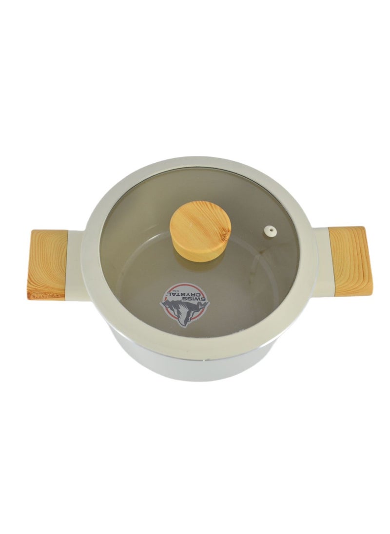 Homemaker Swiss Crystal High Quality Ceramic Coating Non-Stick Casserole - 20cm- Glass Lid With Protective Silicon Edge - Natural Wood Handles and Knob - Beige  - Image 5