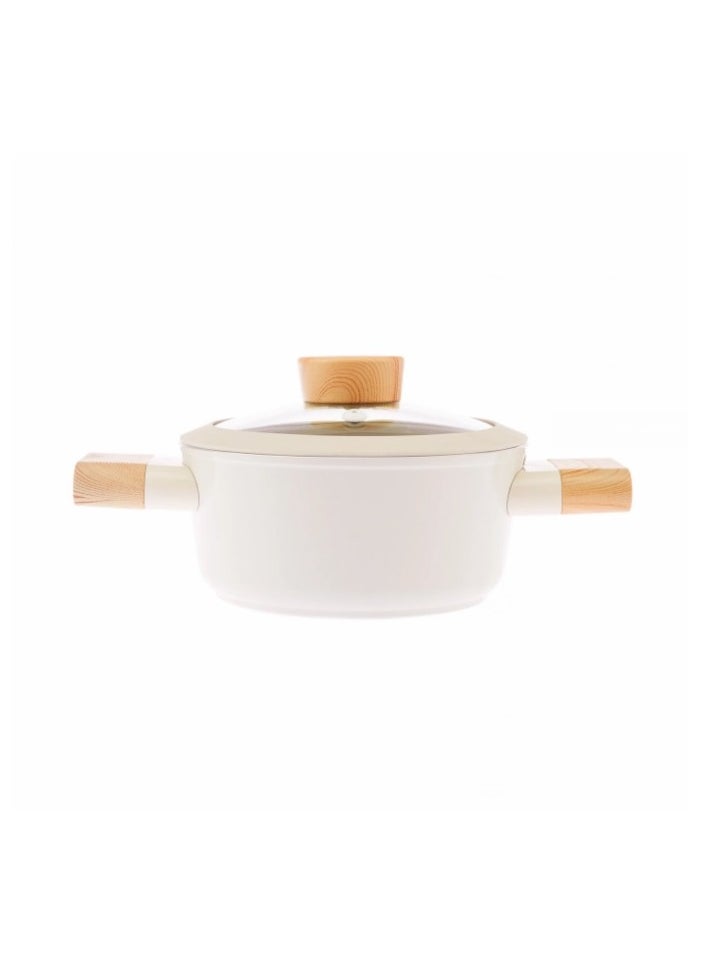 Homemaker Swiss Crystal High Quality Ceramic Coating Non-Stick Casserole - 20cm- Glass Lid With Protective Silicon Edge - Natural Wood Handles and Knob - Beige  - Image 1