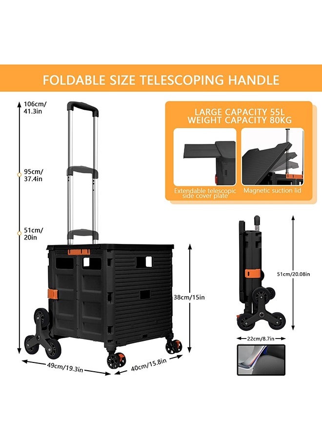Bukela - Foldable Multi-Purpose Trolley with Stair Climbing Function Wheels, Foldable Rolling Crate with Magnetic Lid Telescopic Lid, Telescopic Handle, 360° Swivel Wheeled Trolley (Black) - Image 1