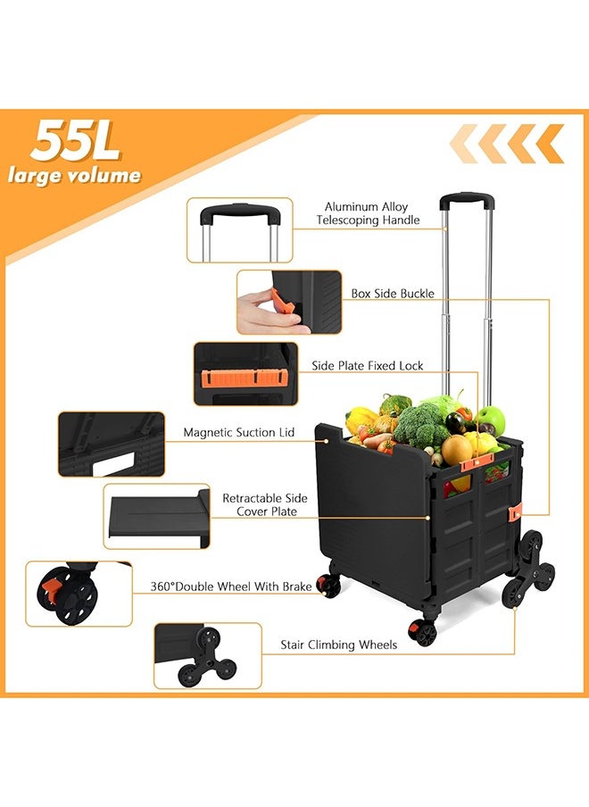 Bukela - Foldable Multi-Purpose Trolley with Stair Climbing Function Wheels, Foldable Rolling Crate with Magnetic Lid Telescopic Lid, Telescopic Handle, 360° Swivel Wheeled Trolley (Black) - Image 1