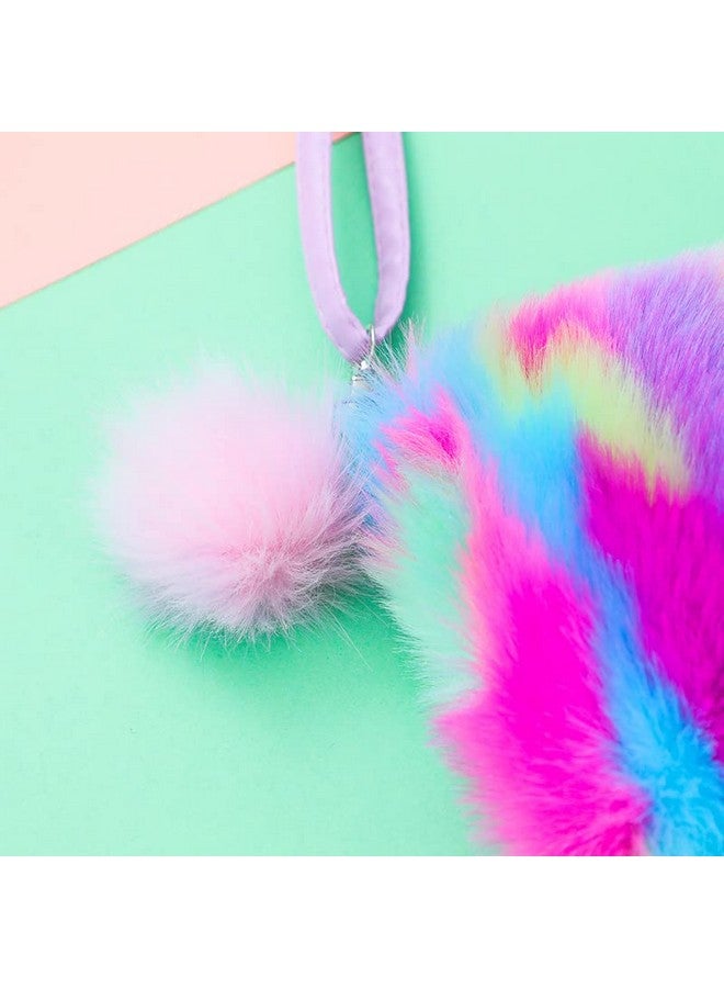 Newfancy Women Girls Kids Fluffy Fuzzy Bag Plush Tie Dye Rainbow Crossbody Purse Wallet - Image 5