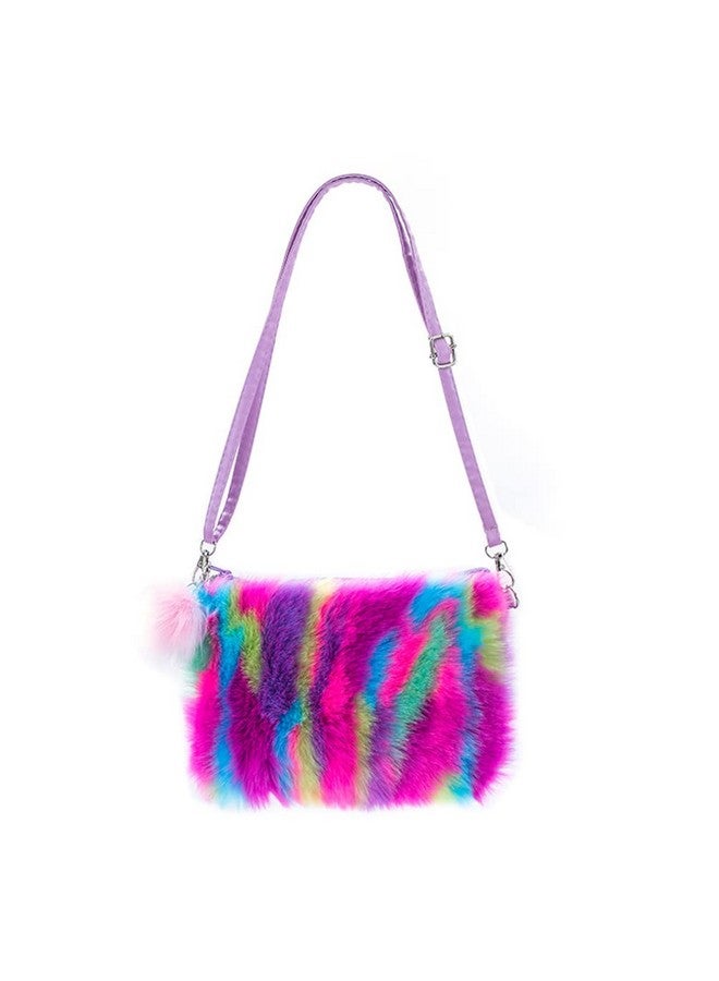 Newfancy Women Girls Kids Fluffy Fuzzy Bag Plush Tie Dye Rainbow Crossbody Purse Wallet - Image 1