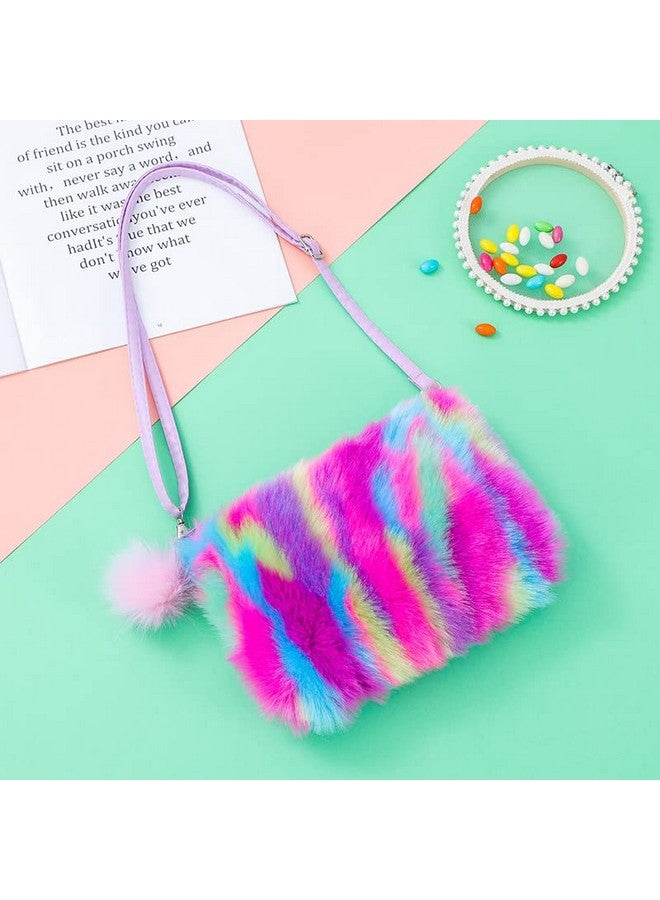 Newfancy Women Girls Kids Fluffy Fuzzy Bag Plush Tie Dye Rainbow Crossbody Purse Wallet - Image 2