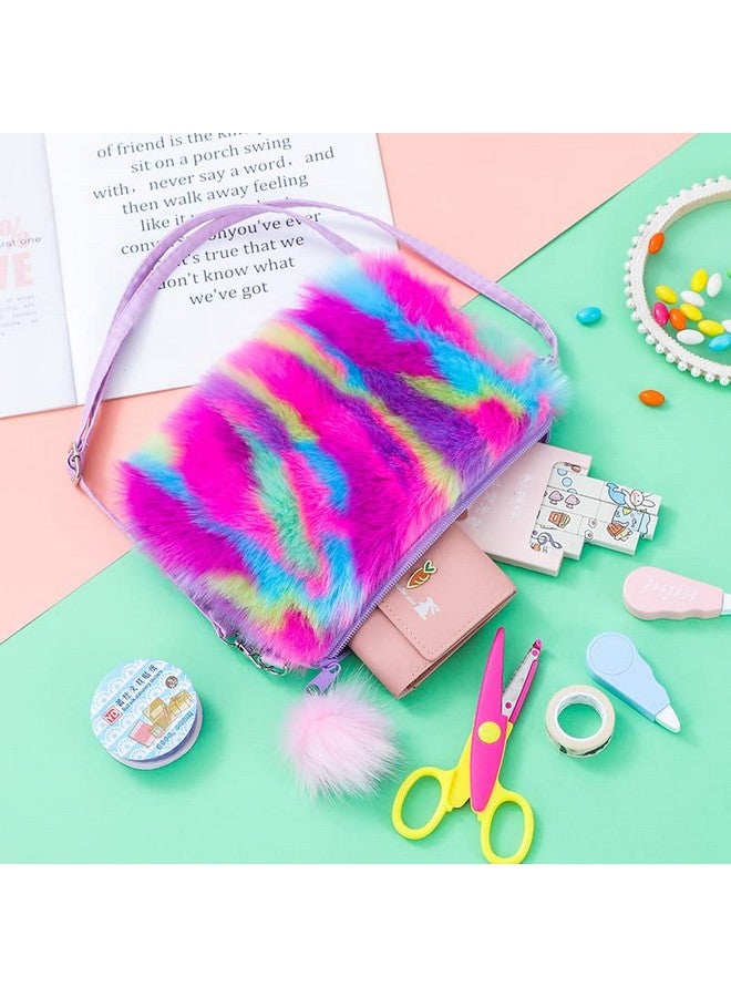 Newfancy Women Girls Kids Fluffy Fuzzy Bag Plush Tie Dye Rainbow Crossbody Purse Wallet - Image 3