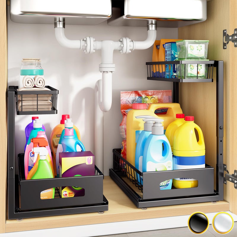 Fabutier Under Sink Organizer, 2 Pack Cabinet Organizer for Kitchen, Height Adjustable Pull Out Heavy Duty 2 Tier Metal Under Sink Storage for Bathroom Pantry (Black, 2 Pack) - Image 1