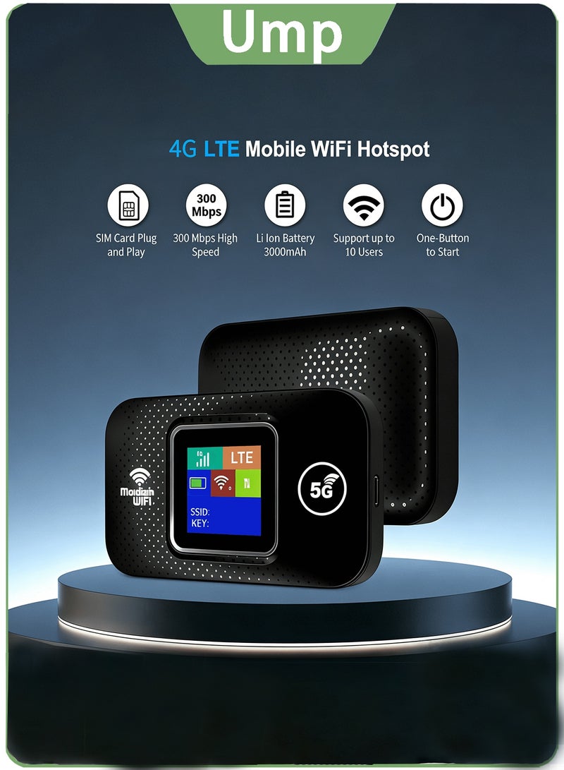 Ump Mobile WiFi Hotspot, 300Mbps Portable Travel Router with Support 5G SIM Card Router, 4G LTE WiFi Router, Built-in 3000mAh Battery Pocket Internet Modem, Supports Up to 10 Users for Phone Laptop - Image 1