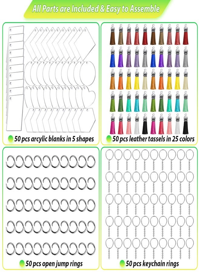 Cruzix 200Pcs Blank Keychains for Vinyl, Acrylic Keychain Blanks Bulk with 5 Shapes Clear Acrylic Disc Leather Tassel Charms Key Chains Jump Ring for DIY Craft Ornament Engrave Painting - Image 4