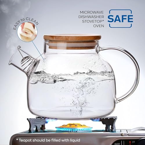 Bellemax 1000ML Glass Kettle Teapot with Removable Infuser & Wooden Lid & Handle, Glass Tea Kettle Stovetop Safe, Great for Loose Leaf Tea, Blooming Tea & Fruit Infused Water 1 LTR(BW-02) - Image 2