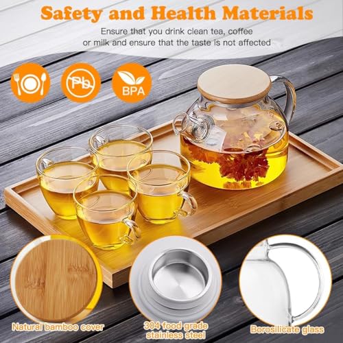 Bellemax 1000ML Glass Kettle Teapot with Removable Infuser & Wooden Lid & Handle, Glass Tea Kettle Stovetop Safe, Great for Loose Leaf Tea, Blooming Tea & Fruit Infused Water 1 LTR(BW-02) - Image 4