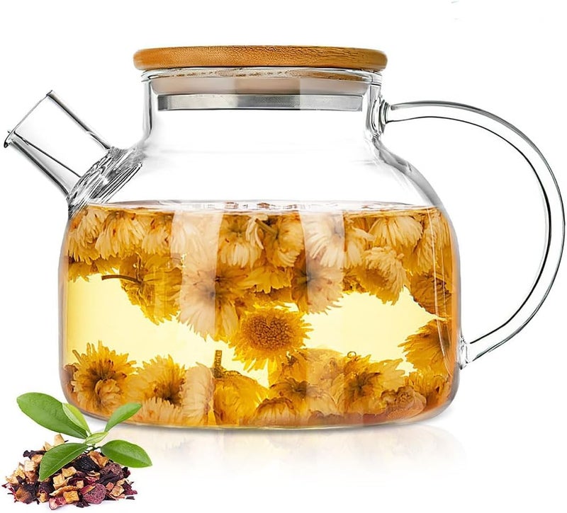 Bellemax 1000ML Glass Kettle Teapot with Removable Infuser & Wooden Lid & Handle, Glass Tea Kettle Stovetop Safe, Great for Loose Leaf Tea, Blooming Tea & Fruit Infused Water 1 LTR(BW-02) - Image 3