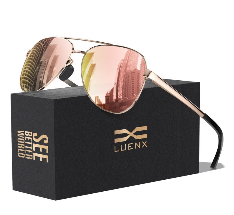 LUENX Aviator Sunglasses for Men Women Polarized - Mirrored Driving uv 400 Protection(Cherry Pink) - Image 1