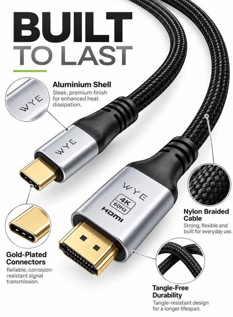 واي كابل WYE FLOW USB-C إلى HDMI 4K 60 هرتز، محول مجدول من النوع C إلى HDMI بطول 1.8 متر