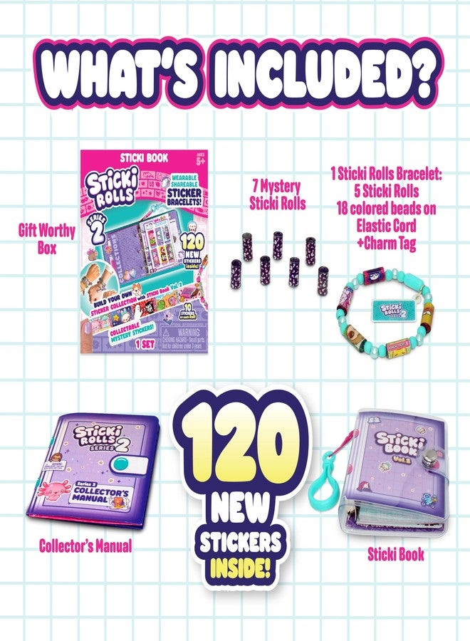 Sky Castle Sticki Rolls Sticki Book Series 2, Wearable & Shareable Sticker Bracelet, 120 Mini Stickers, Bracelet and Sticki Book, Assorted Colours and Styles - Image 4
