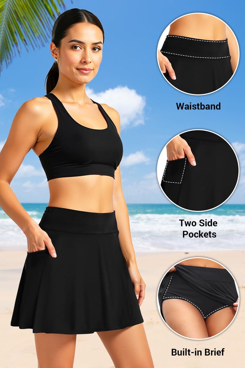 Tempt Me Black Women's High Waisted Swim Skirt with Side Pocket Swim Skorts Tummy Control Swim Bottoms with Built-in Brief L - Image 5