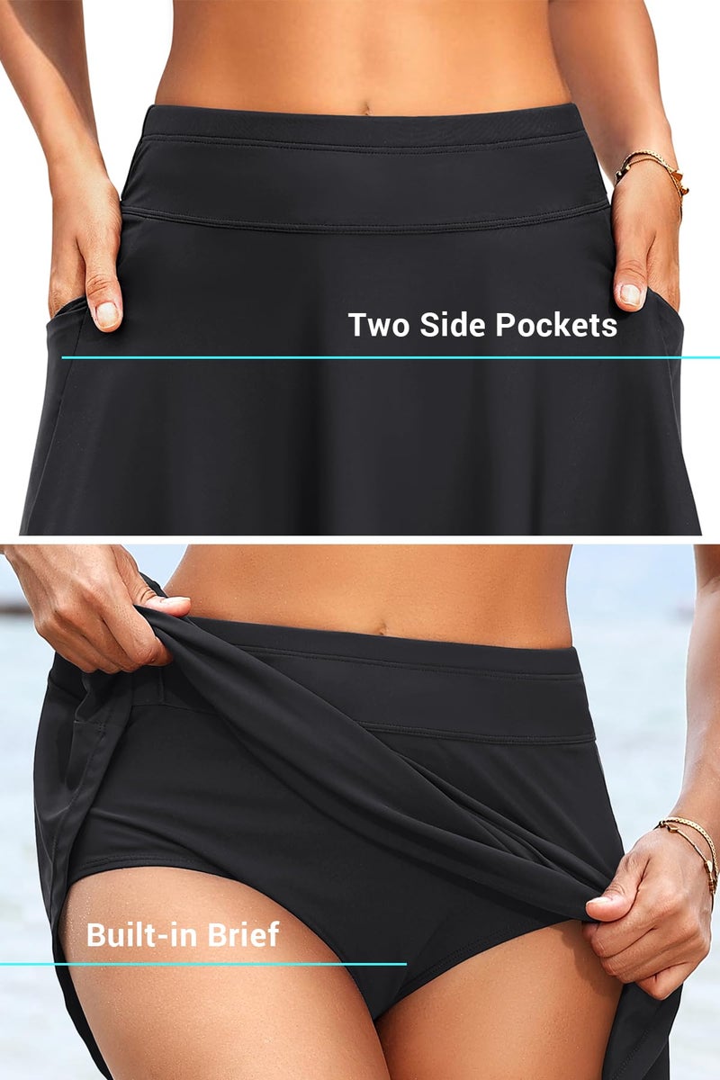 Tempt Me Black Women's High Waisted Swim Skirt with Side Pocket Swim Skorts Tummy Control Swim Bottoms with Built-in Brief L - Image 4