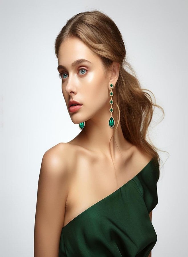 WanBigVa Vintage Green Rhinestone Statement Long Dangle Earrings,Wedding Bridal Elegant Crystal Chandelier Teardrop Earrings Costume Jewelry for Prom Party - Image 2