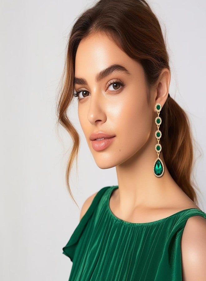 WanBigVa Vintage Green Rhinestone Statement Long Dangle Earrings,Wedding Bridal Elegant Crystal Chandelier Teardrop Earrings Costume Jewelry for Prom Party - Image 3