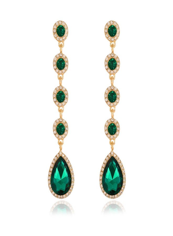 WanBigVa Vintage Green Rhinestone Statement Long Dangle Earrings,Wedding Bridal Elegant Crystal Chandelier Teardrop Earrings Costume Jewelry for Prom Party - Image 1