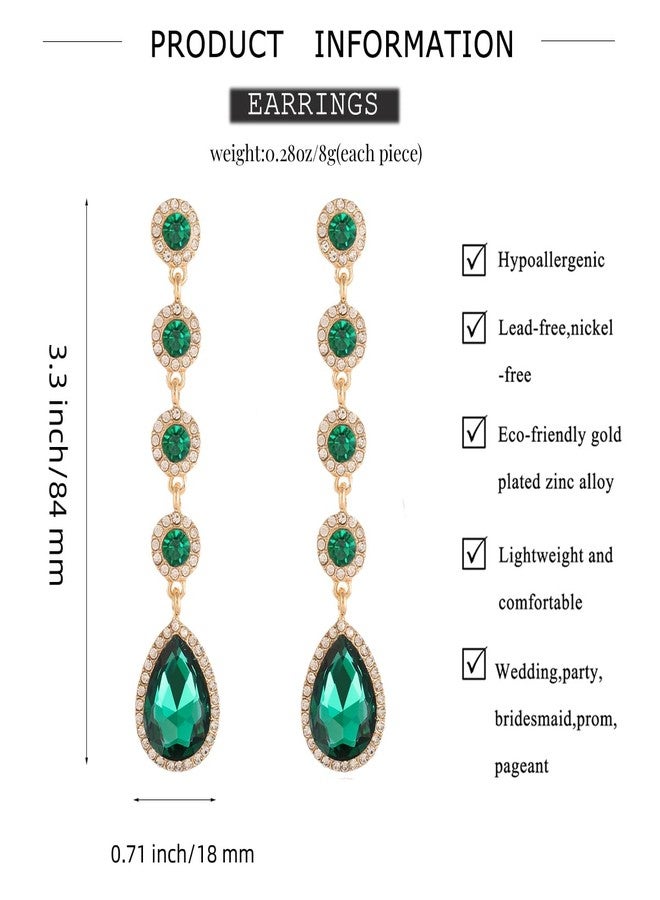 WanBigVa Vintage Green Rhinestone Statement Long Dangle Earrings,Wedding Bridal Elegant Crystal Chandelier Teardrop Earrings Costume Jewelry for Prom Party - Image 4