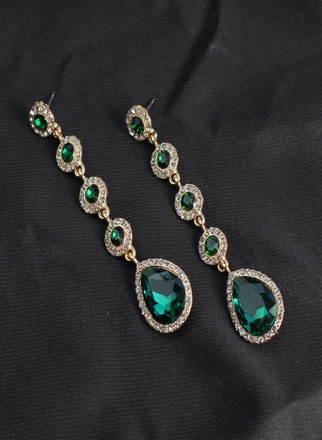 WanBigVa Vintage Green Rhinestone Statement Long Dangle Earrings,Wedding Bridal Elegant Crystal Chandelier Teardrop Earrings Costume Jewelry for Prom Party - Image 5