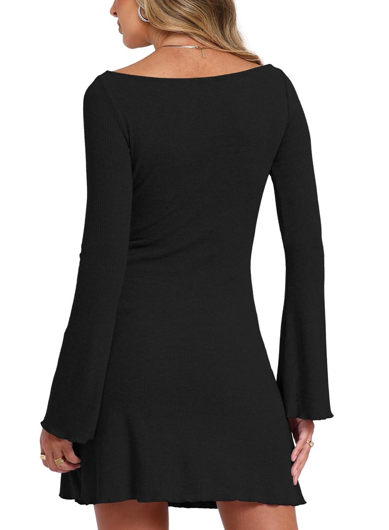Darong Women's Fall Fashion Long Sleeve Mini Dress Ribbed Knit Boat Neck Bodycon Casual Dresses Going Out Outfits 9240 Black S - Image 2