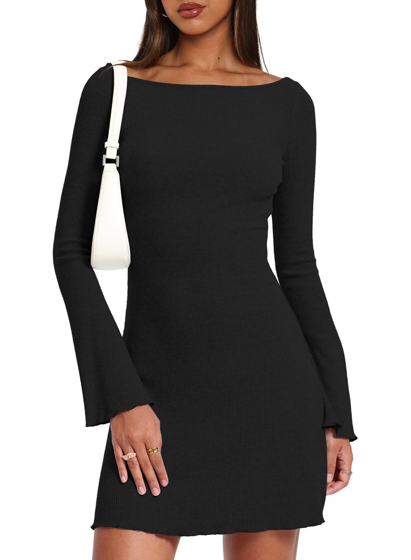 Darong Women's Fall Fashion Long Sleeve Mini Dress Ribbed Knit Boat Neck Bodycon Casual Dresses Going Out Outfits 9240 Black S - Image 1