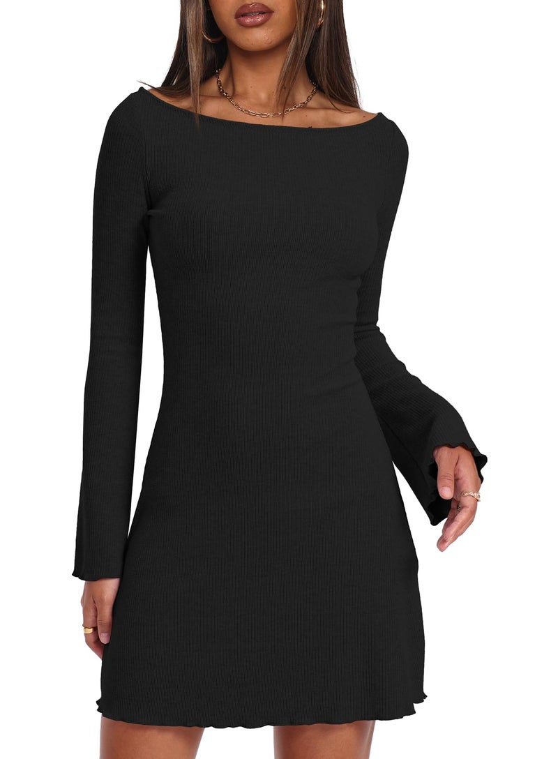 Darong Women's Fall Fashion Long Sleeve Mini Dress Ribbed Knit Boat Neck Bodycon Casual Dresses Going Out Outfits 9240 Black S - Image 5