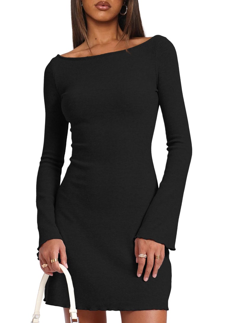 Darong Women's Fall Fashion Long Sleeve Mini Dress Ribbed Knit Boat Neck Bodycon Casual Dresses Going Out Outfits 9240 Black S - Image 3