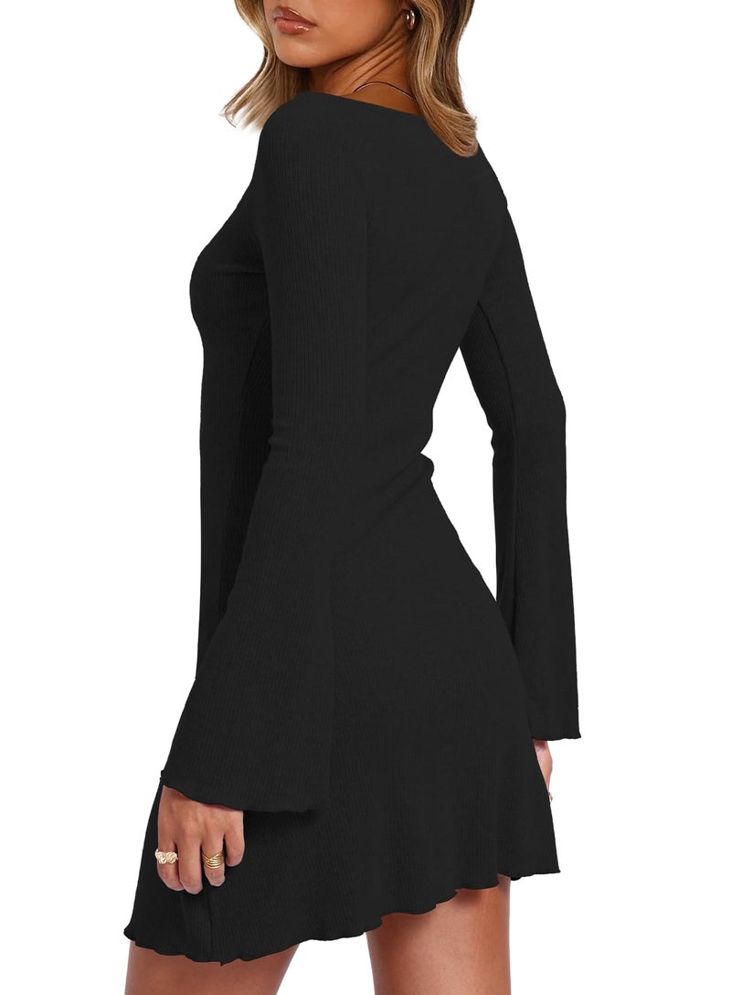 Darong Women's Fall Fashion Long Sleeve Mini Dress Ribbed Knit Boat Neck Bodycon Casual Dresses Going Out Outfits 9240 Black S - Image 4