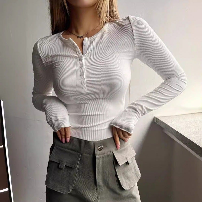New Selling Half Button Thread Long Sleeve T-Shirt Girl Slim Fit Women'S Clothing - Image 2