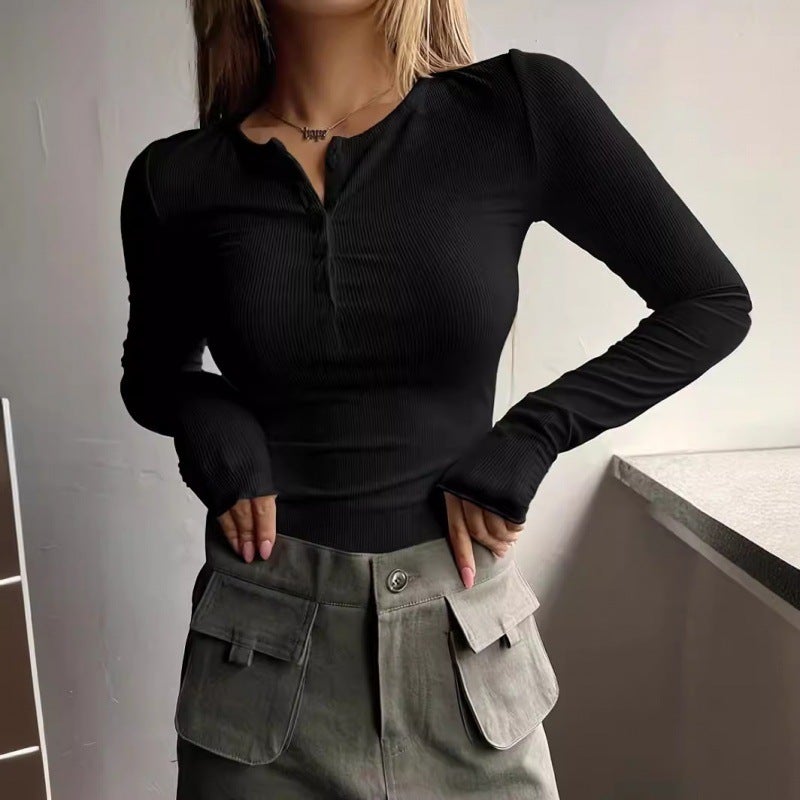 New Selling Half Button Thread Long Sleeve T-Shirt Girl Slim Fit Women'S Clothing - Image 4