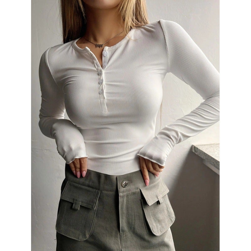 New Selling Half Button Thread Long Sleeve T-Shirt Girl Slim Fit Women'S Clothing - Image 1