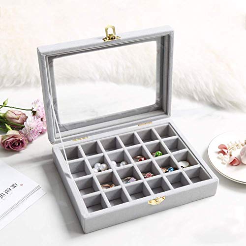 BucketList Velvet Jewelry Storage Case - 24 Compartments Earring Ring Organizer Box with Clear Glass Lid (Grey) - Image 3
