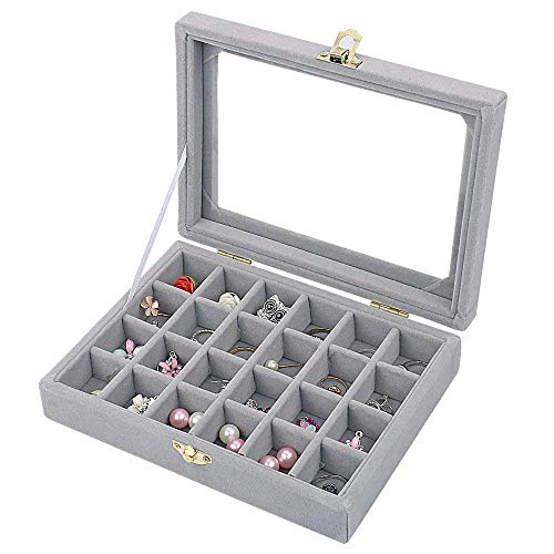BucketList Velvet Jewelry Storage Case - 24 Compartments Earring Ring Organizer Box with Clear Glass Lid (Grey) - Image 1