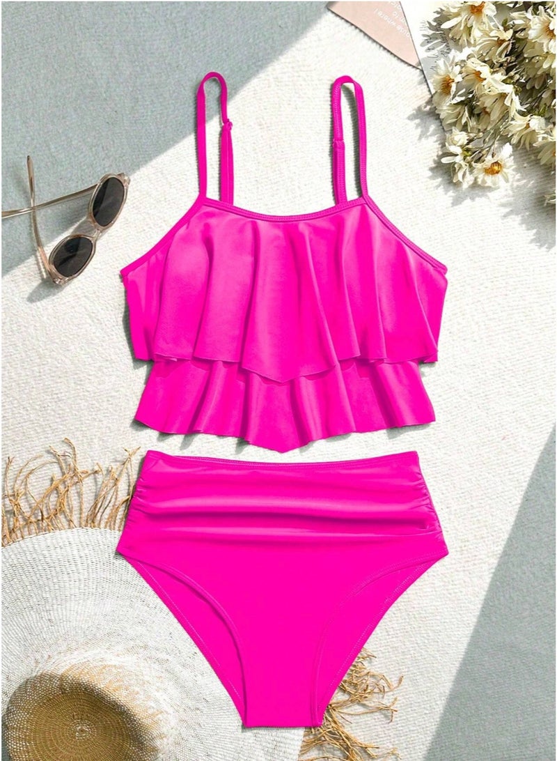 SHEIN TrendsS wim Vcay Summer Beach Solid Color Ruffle Trim Spaghetti Strap Top With Shirred Triangle Bottom Bikini Set - Image 3