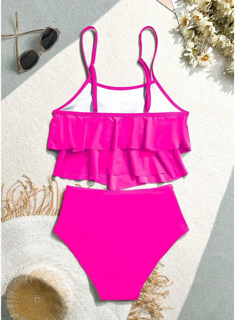 SHEIN TrendsS wim Vcay Summer Beach Solid Color Ruffle Trim Spaghetti Strap Top With Shirred Triangle Bottom Bikini Set - Image 2