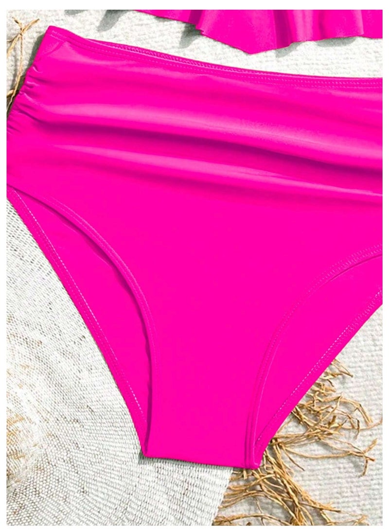 SHEIN TrendsS wim Vcay Summer Beach Solid Color Ruffle Trim Spaghetti Strap Top With Shirred Triangle Bottom Bikini Set - Image 4