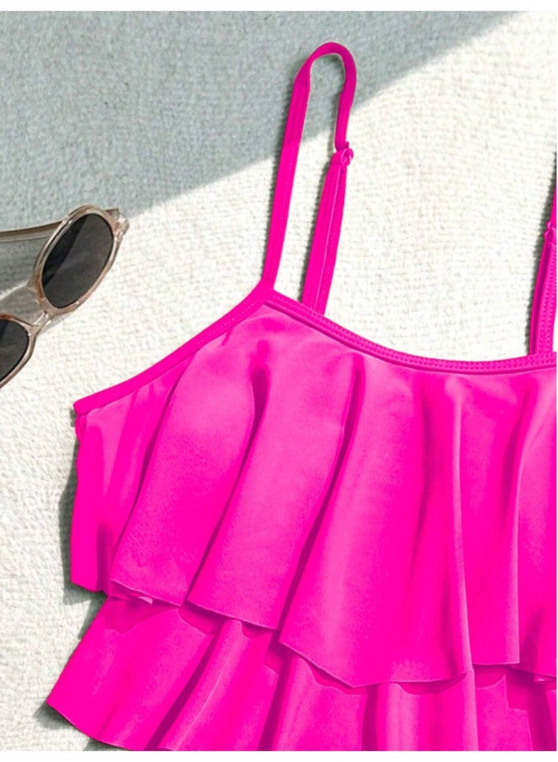 SHEIN TrendsS wim Vcay Summer Beach Solid Color Ruffle Trim Spaghetti Strap Top With Shirred Triangle Bottom Bikini Set - Image 5