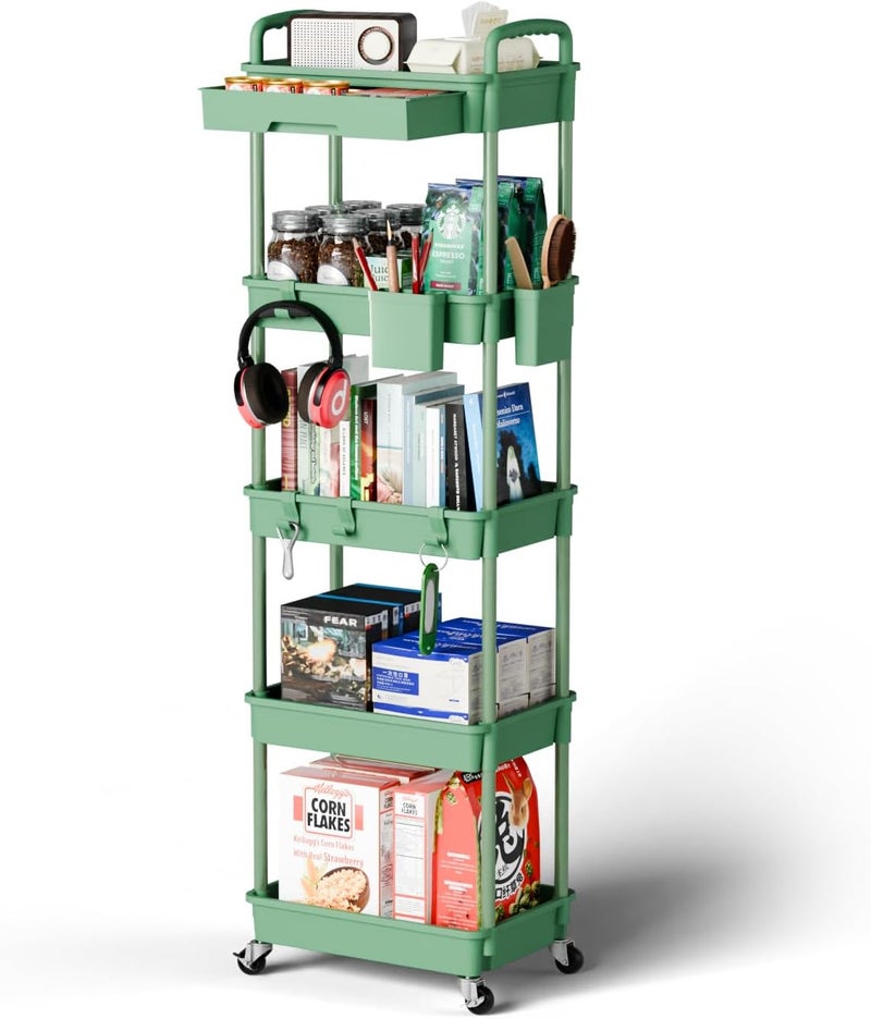 Sorgion 5 Tier Rolling Cart Organizer,Bathroom Cart Organizers with Wheels Laundry Room Organization Mobile Shelving Unit Utility Cart Storage Shelves Multi-Functional for Office, Home(Green) - Image 1