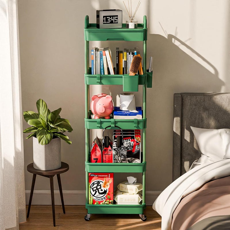 Sorgion 5 Tier Rolling Cart Organizer,Bathroom Cart Organizers with Wheels Laundry Room Organization Mobile Shelving Unit Utility Cart Storage Shelves Multi-Functional for Office, Home(Green) - Image 2