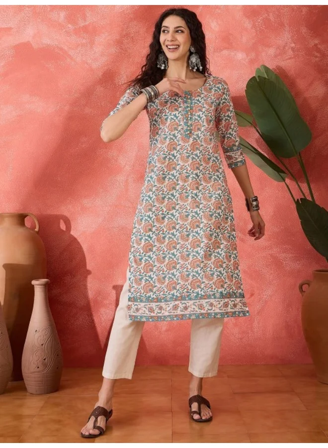 أيه كيه إس Peach Mughal Print Cotton Kurta