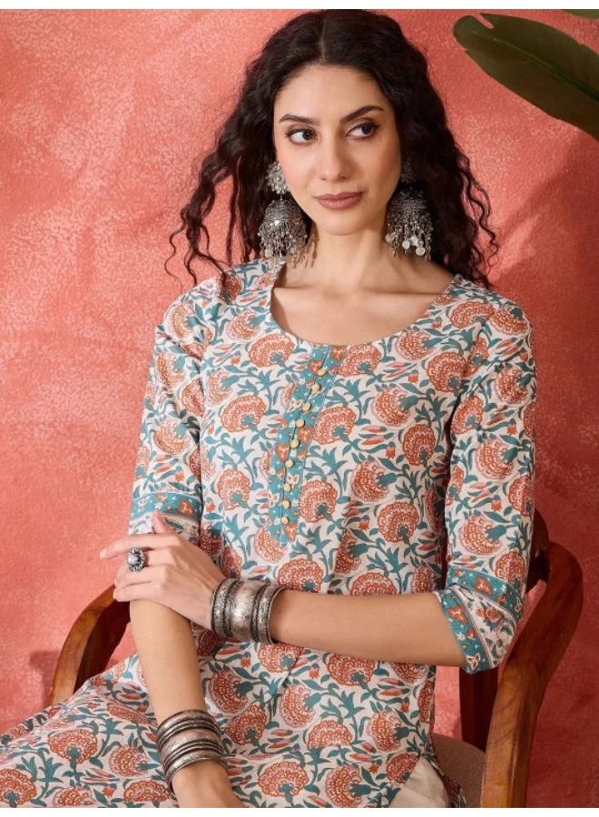 أيه كيه إس Peach Mughal Print Cotton Kurta