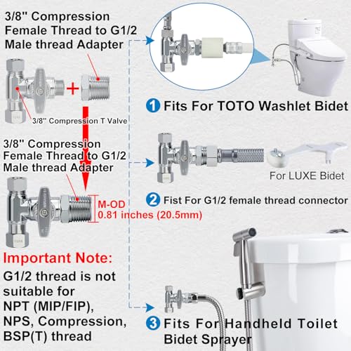 YUHX Brass Angle Stop Add-A-Tee Valve for TOTO Washlet Bidet and Handheld Sprayer, 3/8 Inch Compression Shut Off 3 Way Diverter Connector, 3/8 x3/8"x3/8" or 1/2" Toilet T Adapter - Image 5