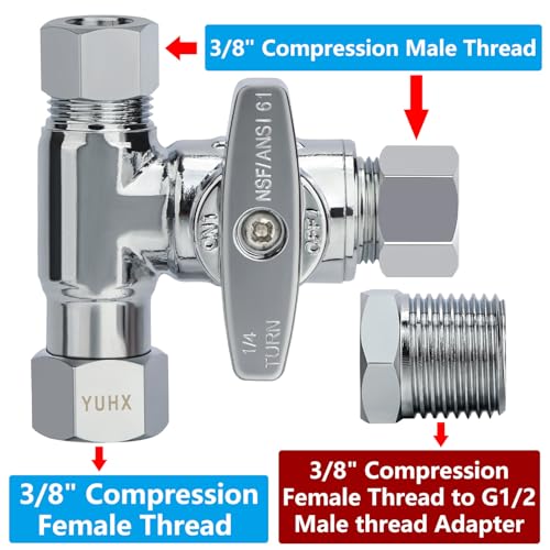 YUHX Brass Angle Stop Add-A-Tee Valve for TOTO Washlet Bidet and Handheld Sprayer, 3/8 Inch Compression Shut Off 3 Way Diverter Connector, 3/8 x3/8"x3/8" or 1/2" Toilet T Adapter - Image 2