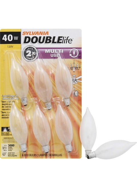 SYLVANIA Double Life Incandescent Light Bulb, B10, 40W, Dimmable, Candelabra Base, 285 Lumens, Frosted - 6 Count (Pack of 1) (15323)
