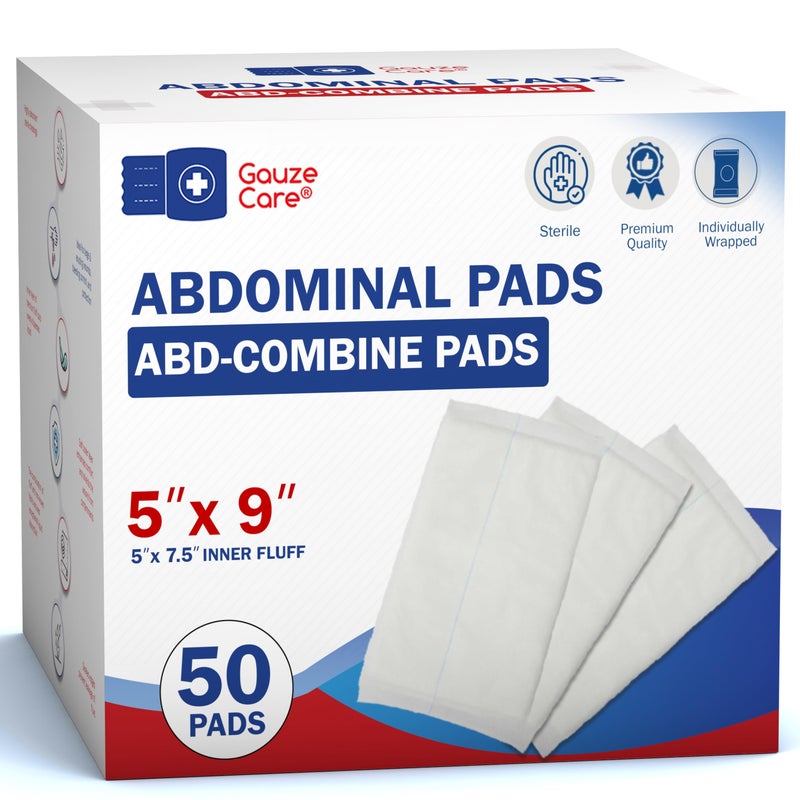 Gauze Care GauzeCare Sterile Abdominal- ABD Combine Pads| 50-Pack, 5 x 9 Inches| Extra Absorbent & Thick, Individually Wrapped Wound Dressing, First Aid Pads| Surgical-Grade, Nonstick- for Heavy Leakage, Post Op - Image 1