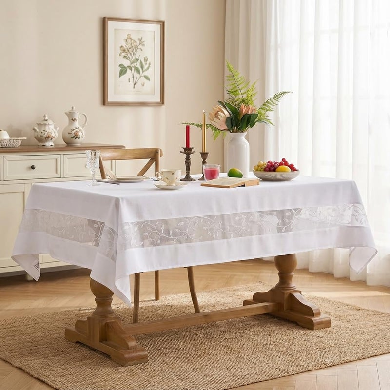 youngseahome Polyester Fabric Tablecloth with Exquisite Embroidery Sheer Border-Waterproof/Wrinkle Resistant-for Dining,Indoor&Outdoor,Wedding,Holiday,White,Rectangle 60x84Inch - Image 2