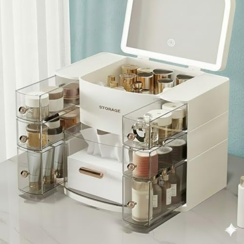 Niyam Ratro Makeup Organiser Storage Box with LED Mirror for Cosmetics Skincare and Beauty Case for Easy Visibility and Drawers for Vanity, Dresser Retro Lipstick Holder - Image 3